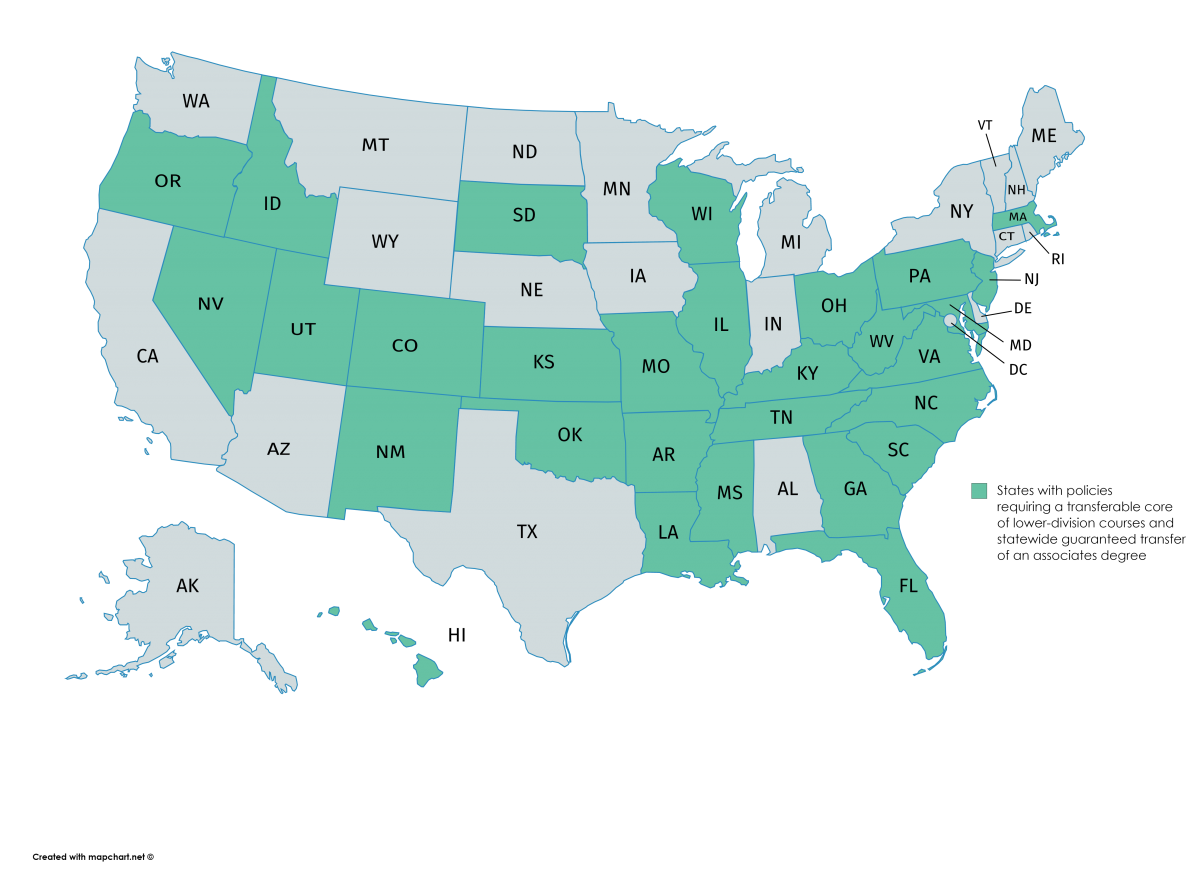 Map of states with policies requiring a transferrable core of lower-division courses and statewide guaranteed transfer of an associates degree