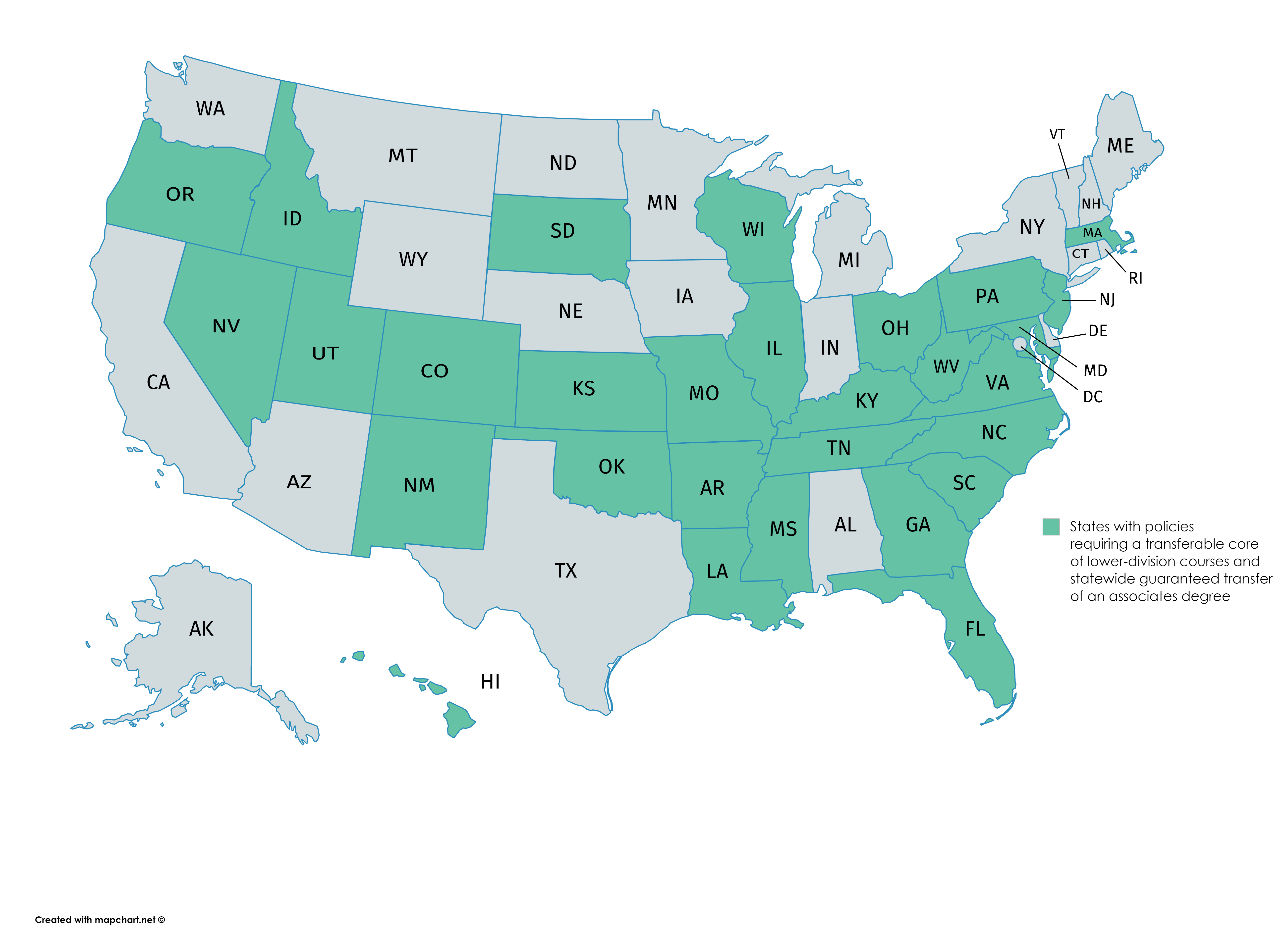 States with policies requiring a transferable core of lower-division courses and statewide guaranteed transfer of an associates degree