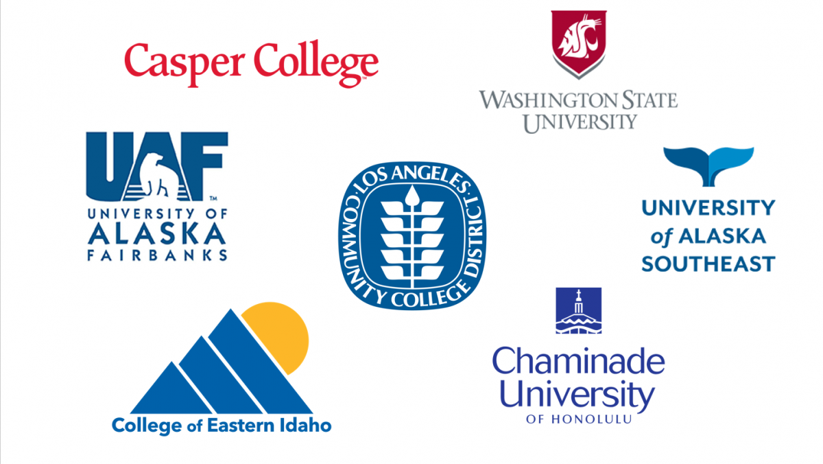 Logos from Casper College, University of Alaska Fairbanks, University of Alaska Southeast, LACCD, College of Eastern Idaho, and Chaminade University